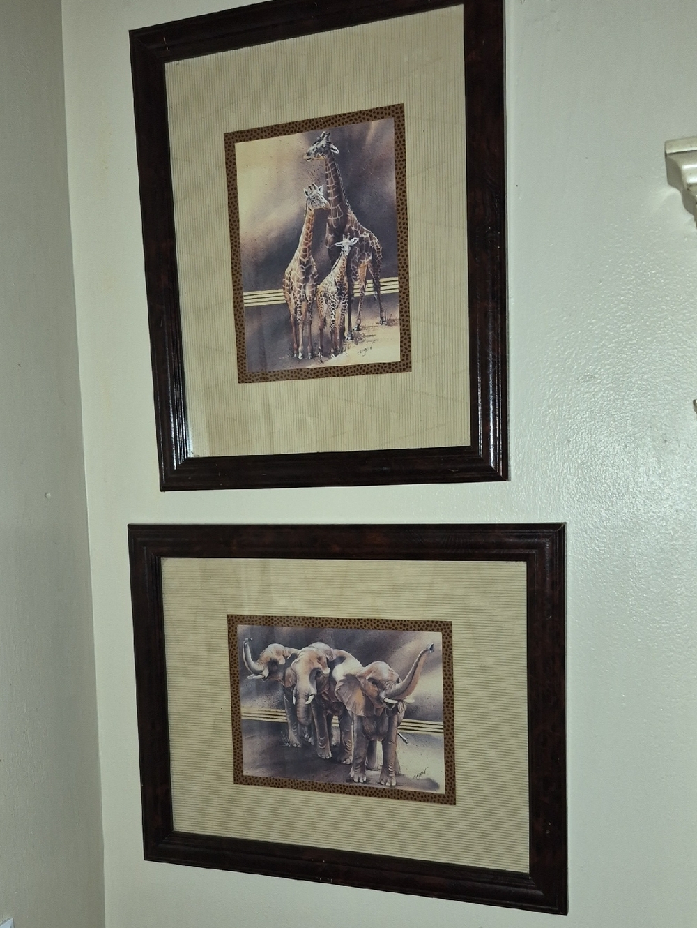 Set 2 Nancy Azneer Basket Weaved Matte  framed Family of Elephants & Giraffes
